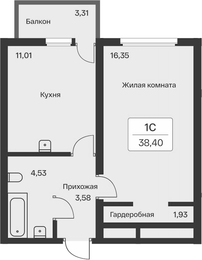 1-комнатная квартира 38.4 м², 8/11 эт., ЖК «Расцветай в Янино»